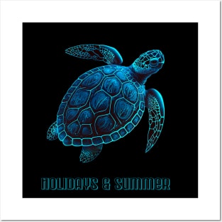 Sea turtle, tattoo style, blue digital drawing Posters and Art